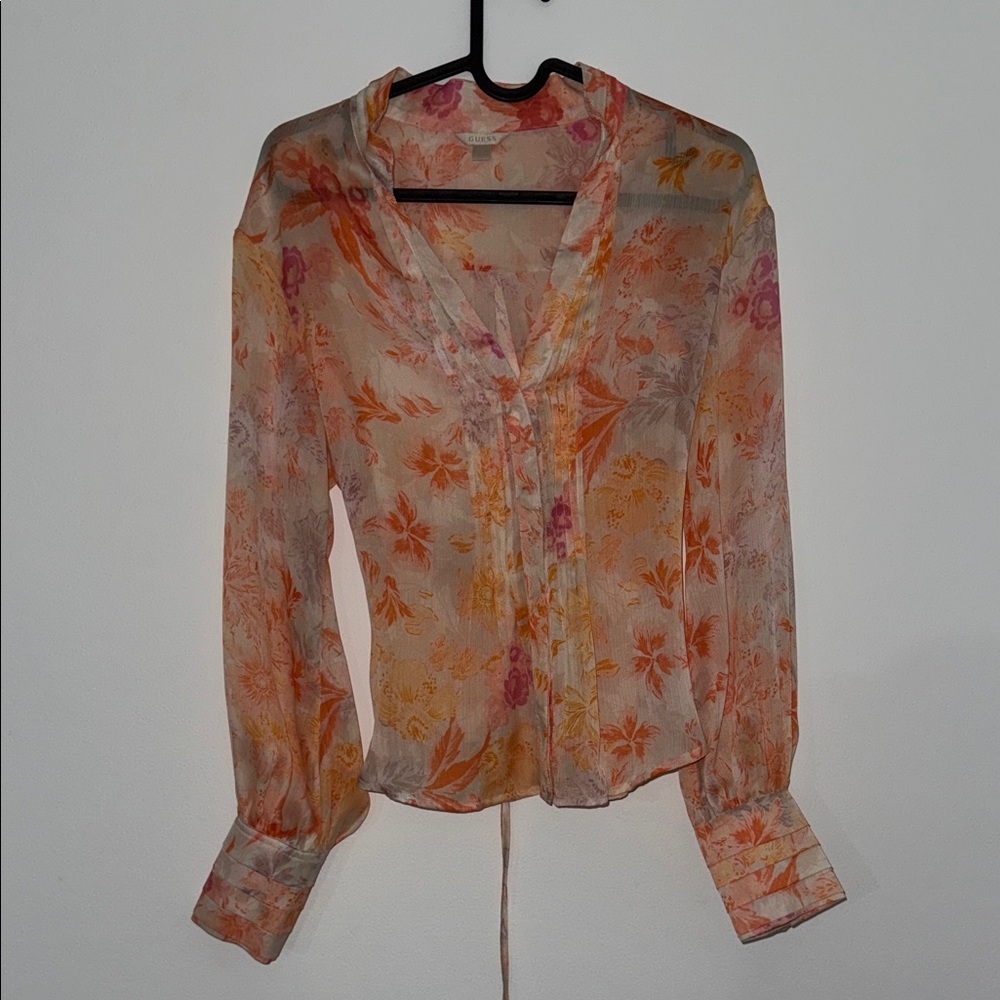 Guess Floral Sheer Blouse - Orange and Pink